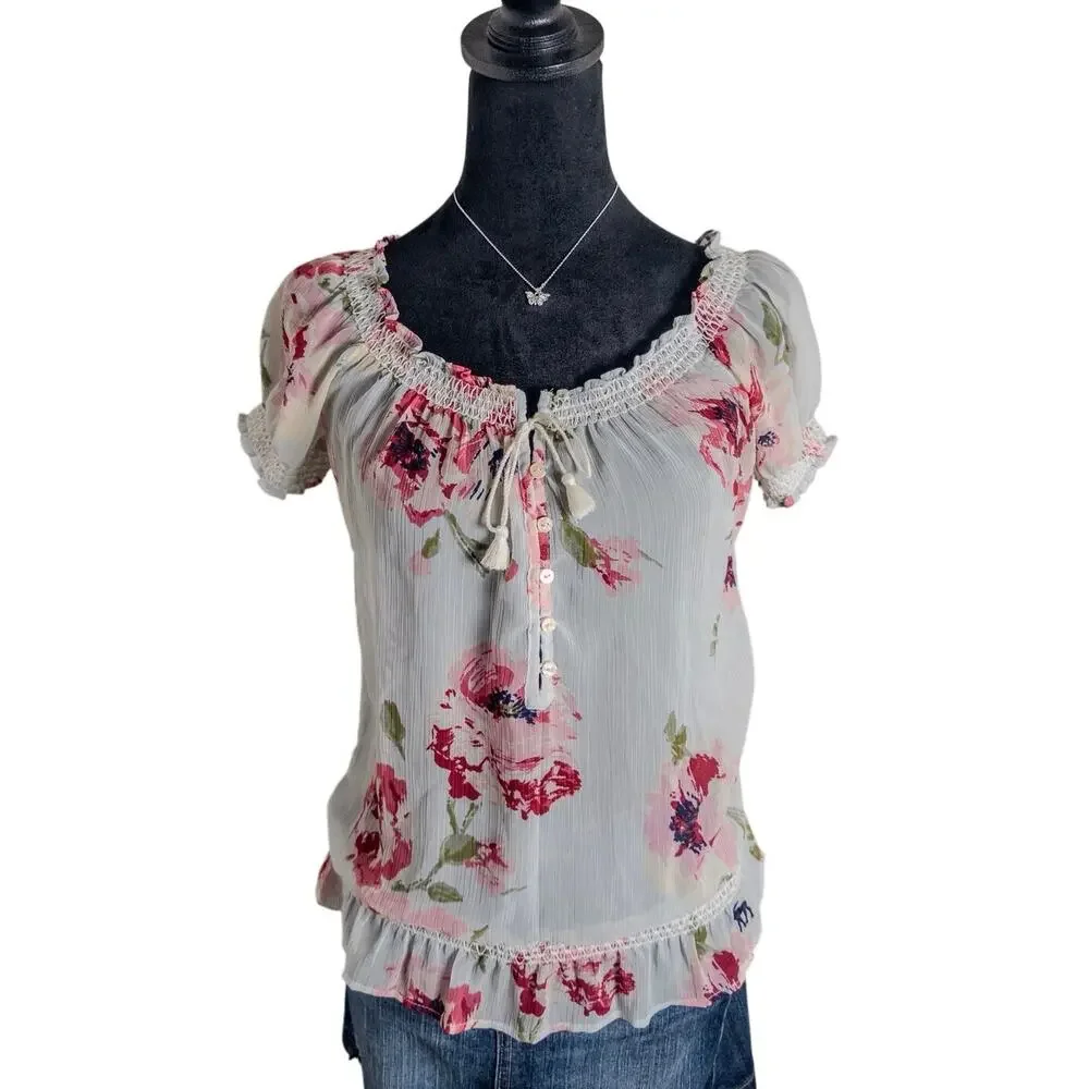 Abercrombie & Fitch Floral Chiffon Smocked Henley Blouse Size Small
